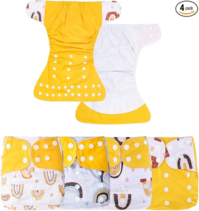 HappyFlute 4 Sets Newborn Baby Cloth Pocket Diapers One Size Adjustable Reusable for Baby Boys and Girls(No Inserts,Yellow)