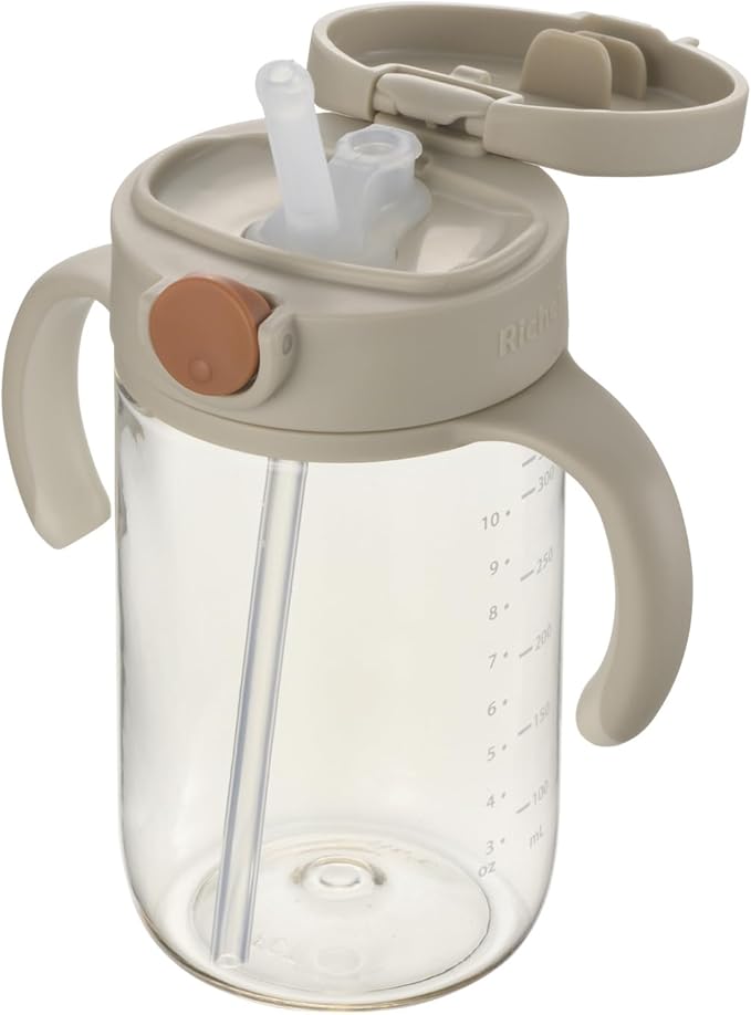 Richell On-the-Go Sippy Cup with Silicone Straw and Removable Handles, 10 oz, Easy Grip for Infant-Toddlers Oat