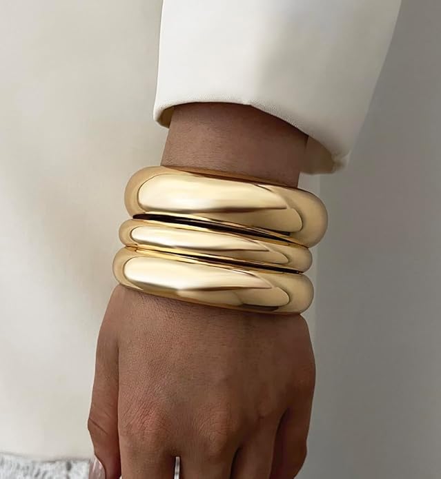Chunky Gold Bangle Bracelets for Women, Dainty 14k Gold Plated Big Stackable Bangles Set, Trendy Statement Cuff Bracelet Stack Fashion Jewelry Christmas Gifts