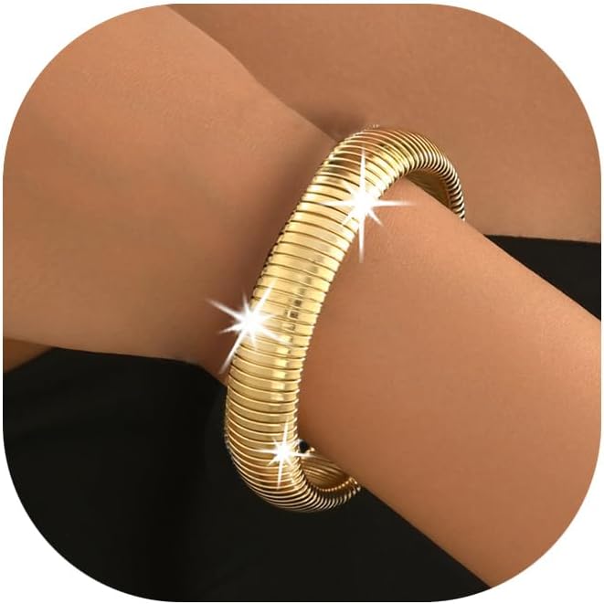 Gold Bangles for Women Chunky Bracelets Gold Plated Wide Ribbed Design Bangle Jewelry