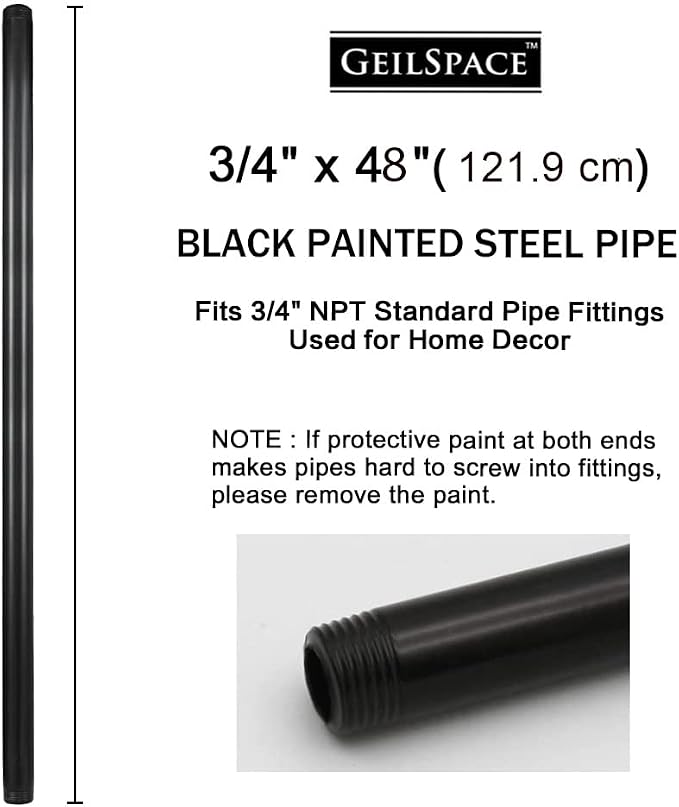 6 Pack 3/4" x 48" Pre-Cut Black Metal Pipe, Industrial Steel Fits Standard - Image 2