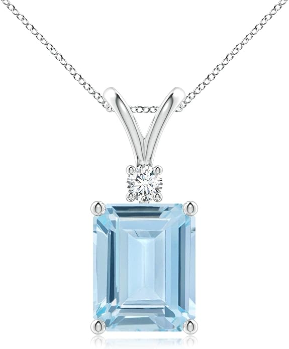 Angara Natural Aquamarine Solitaire Pendant for Women | Emerald-Cut Aquamarine Pendant with Diamond in 14K Solid Gold/Silver/Platinum With 18" Chain | March Birthday, Gemstone Jewelry Gift