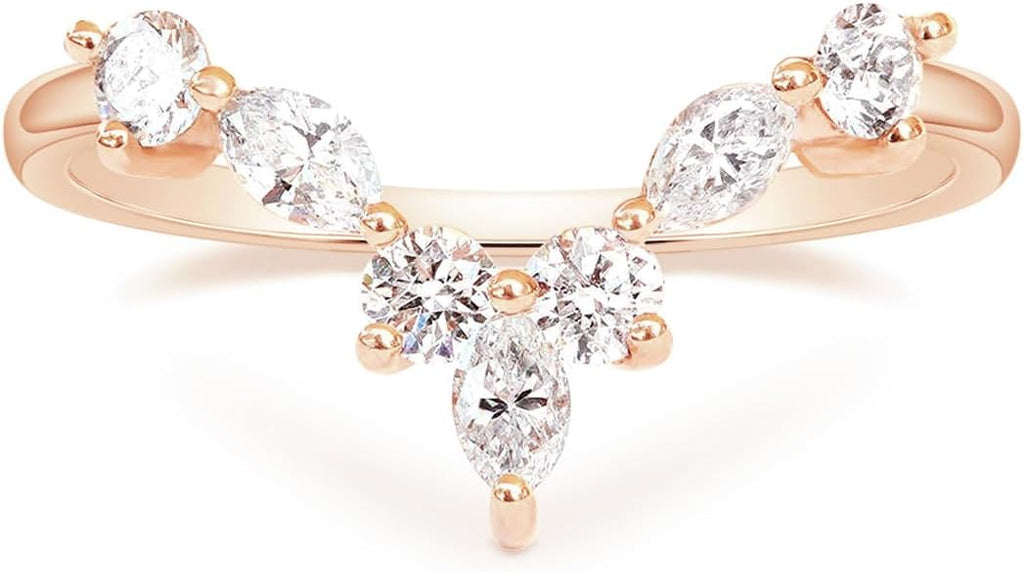 Mameloly Wedding Bands for Women Marquise & Round Shaped Stackable Cubic Zirconia CZ V Shape Curved Engagement Rings for Her Size 3-12