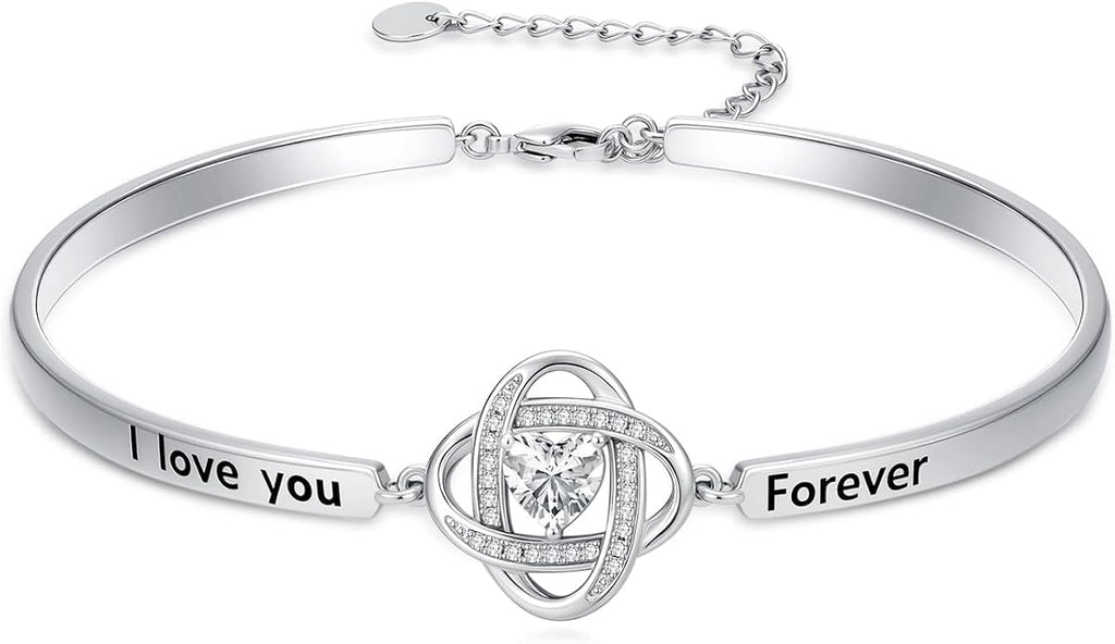 Valentines Day Gifts for Her, 18k White Gold Plated Love Knot Bracelets, Engraved Inspirational and Sentiment Bangle, Anniversary Birthday Jewelry Gift for Lover Wife Girlfriend Sister Friends