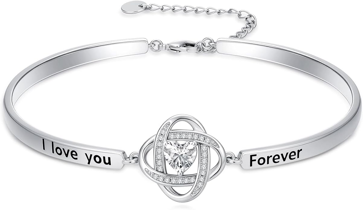 Valentines Day Gifts for Her, 18k White Gold Plated Love Knot Bracelets, Engraved Inspirational and Sentiment Bangle, Anniversary Birthday Jewelry Gift for Lover Wife Girlfriend Sister Friends