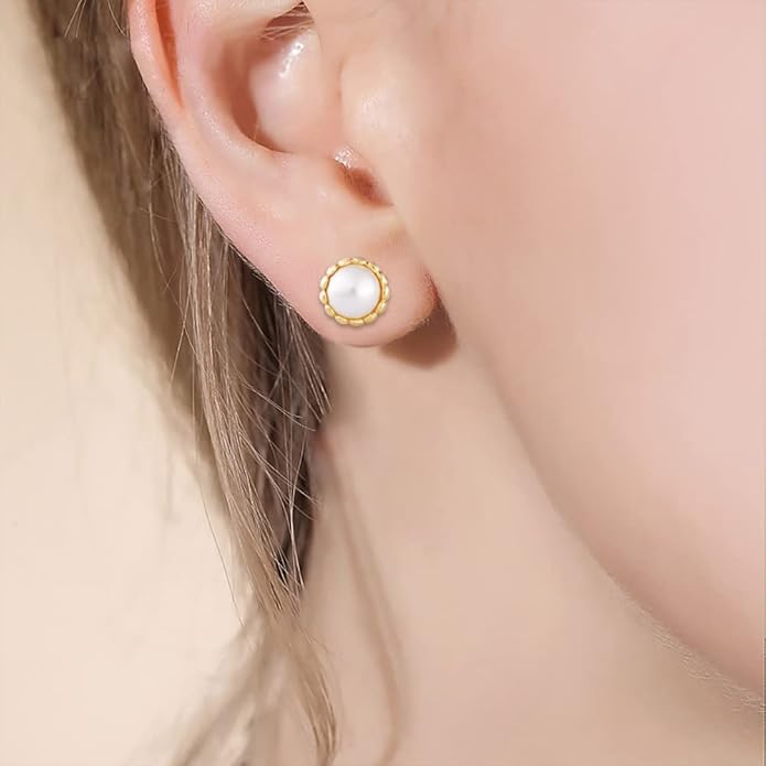 Brass Simulated Pearl Flower Stud Earrings