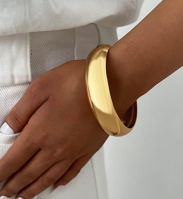 Chunky Gold Bangle Bracelets for Women, Dainty 14k Gold Plated Big Stackable Bangles Set, Trendy Cuff Bracelet Stack Fashion Jewelry Gifts