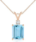 Angara Natural Aquamarine Solitaire Pendant for Women | Emerald-Cut Aquamarine Pendant with Diamond in 14K Solid Gold/Silver/Platinum With 18" Chain | March Birthday, Gemstone Jewelry Gift
