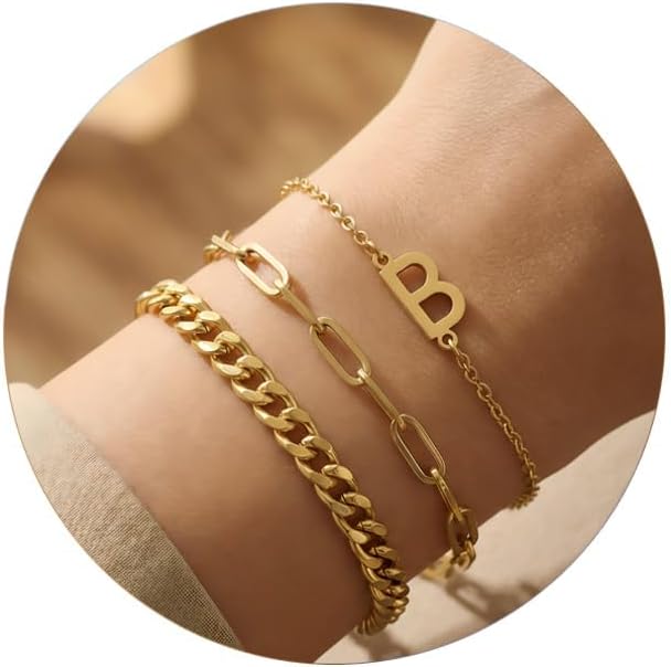 14K Gold Plated Bracelets for Women, A–Z Initial Charm Bangles Jewelry Set, Elegant Gold Accessories, Friendship Bracelet Gifts for Mom