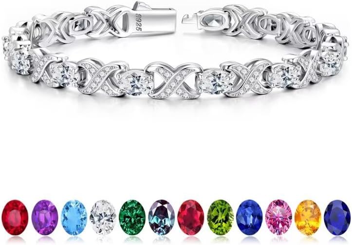 Iefil Valentines Day Gifts for Her, Oval Birthstone Tennis Bracelets for Women Wife Unique X O Design Fine Jewelry Anniversary Birthday Gift 925 Sterling Silver Birthstone Jewelry for Mom Girlfriend