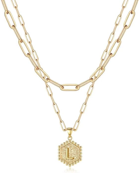 M MOOHAM Valentines Gifts for Women Teen Girls, 14K-Gold-Plated Initial Necklaces for Women Cute Hexagon Letter Initial Necklace Layered Necklaces for Womens Teen Girl Valentines Jewelry Gifts