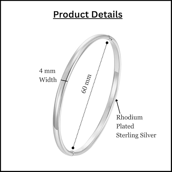 Classic 4mm Plain Bangle Bracelet for Women, 7.5 Inch, 14K Yellow Gold Plated Sterling Silver, Secure Hinge Lock, Gift for Her