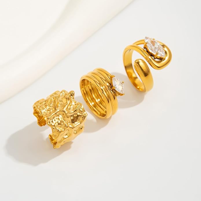 Chunky Gold Rings for Women Rhinestone Stackable Knuckle Ring Set Open Adjustable Statement Ring Set Dainty Crown Cross Midi Rings Fashion Jewelry Gift for Women