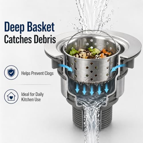 3.5" Kitchen Sink Drain, 304 Stainless Steel Strainer - Image 2