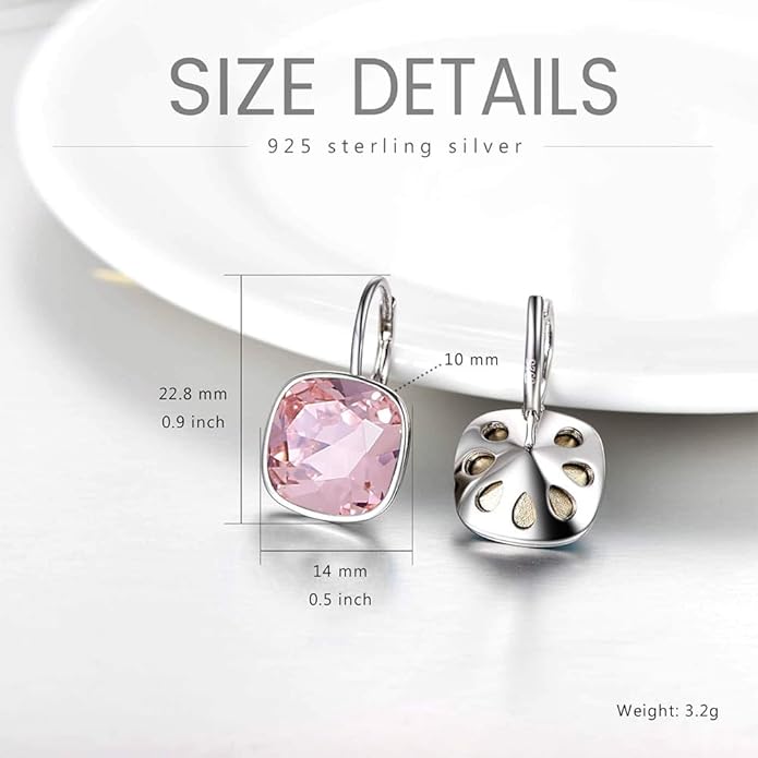 AOBOCO Sterling Silver Leverback Earrings Embellished with Crystals from Austria, Hypoallergenic Cushion Cut Square Crystal Earrings, Fine Anniversary Birthday Jewelry Gifts for Women