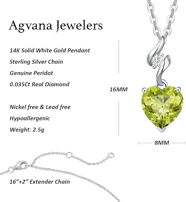 AGVANA Valentines Day Gifts 14K Solid White Gold Diamond Gemstone Pendant with Sterling Silver Chain 8mm Heart Birthstone Necklace Fine Jewelry Anniversary Birthday Gifts for Women Mom Wife