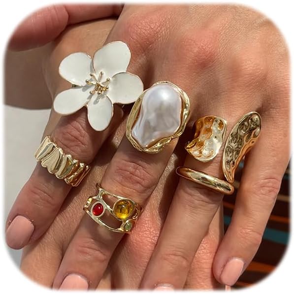 CJIAYUJEW Chunky Gold Flower Rings Pearl Stacking Statement Rings for Women Silver Chunky Knuckle Ring Set Adjustable Pearl Finger Ring Sets