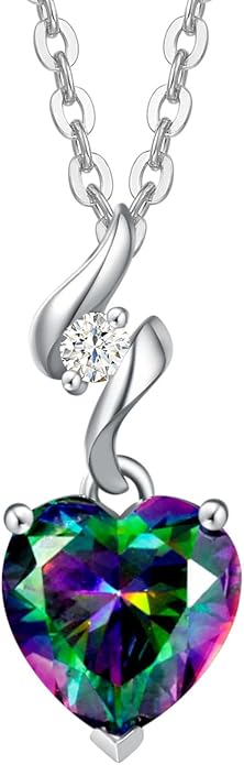 AGVANA Valentines Day Gifts 14K Solid White Gold Diamond Gemstone Pendant with Sterling Silver Chain 8mm Heart Birthstone Necklace Fine Jewelry Anniversary Birthday Gifts for Women Mom Wife