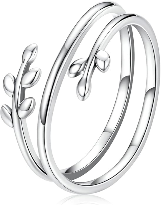 MUNDELL 925 Sterling Silver Simple Multi-layer Leaf Adjustable Ring Green Lucky Leaves Statement Ring for Women Promise Ring Fine Jewelry