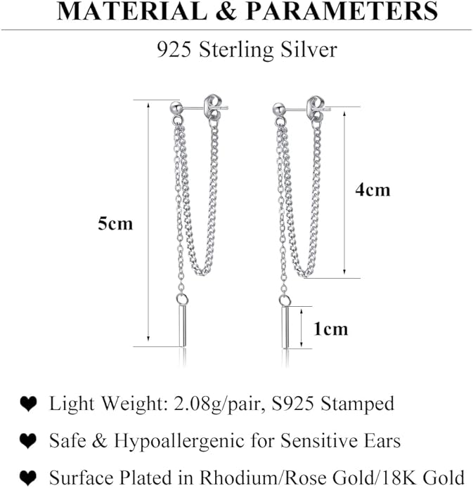 SLUYNZ Solid 925 Sterling Silver Bar Dangle Earrings for Women Minimalist Dangle Earrings Threader Chain