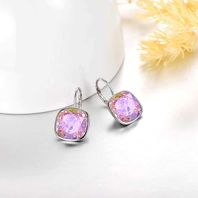 AOBOCO Sterling Silver Leverback Earrings Embellished with Crystals from Austria, Hypoallergenic Cushion Cut Square Crystal Earrings, Fine Anniversary Birthday Jewelry Gifts for Women