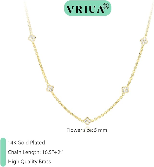 VRIUA Necklaces for Women - 14K Gold/Silver Plated Dainty Chain Necklace with Five Charms: Diamond, Bow, Snowflake, Cross, Flower, Clover, Butterfly, Heart, Star of David, and Star Trendy Jewelry