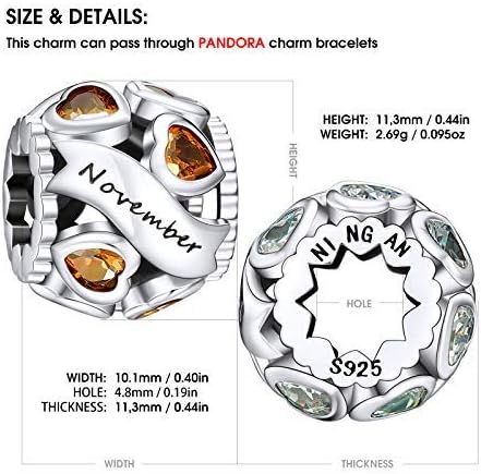 NINGAN Birthstone Charms 925 Sterling Silver Love Heart Openwork Bead for Charm Bracelets and Necklaces with 5A Cubic Zirconia, Birthday Mothers Day Jewelry Gifts Women
