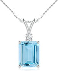 Angara Natural Aquamarine Solitaire Pendant for Women | Emerald-Cut Aquamarine Pendant with Diamond in 14K Solid Gold/Silver/Platinum With 18" Chain | March Birthday, Gemstone Jewelry Gift
