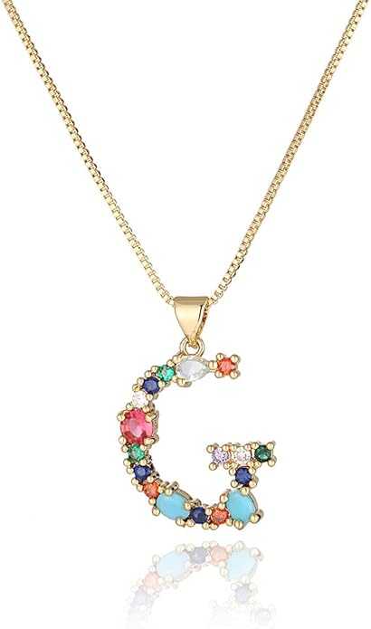 Eben-Ezer 18K Gold Box Chain Choker Initial Necklace Multi-Color Zircon Letter Pendant Script Name Custom Necklace for Women Gift Alphabet 26 A-Z