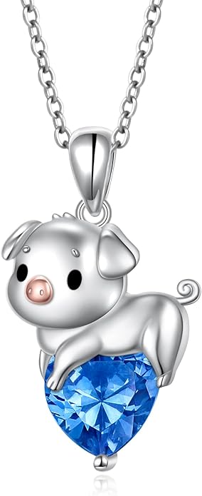 FLYOW Pig Necklace 925 Sterling Silver Cute Animal Necklace with Heart Blue CZ Piggy Pendant for Women Friend Pig Lovers Birthday Graduation Valentine's Day Anniversary Christmas Jewelry White/Blue