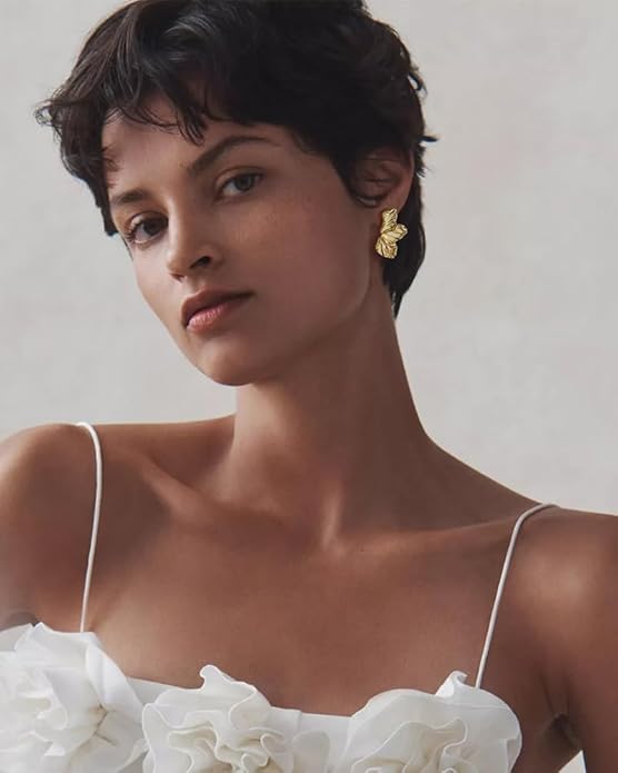 Chunky Gold Statement Earrings For Women Gold Plated Sectored Flower Leaf Shell Angel Wing Earrings Trendy Boho Jewelry For Women Large Stud Earrings Hypoallergenic Earrings