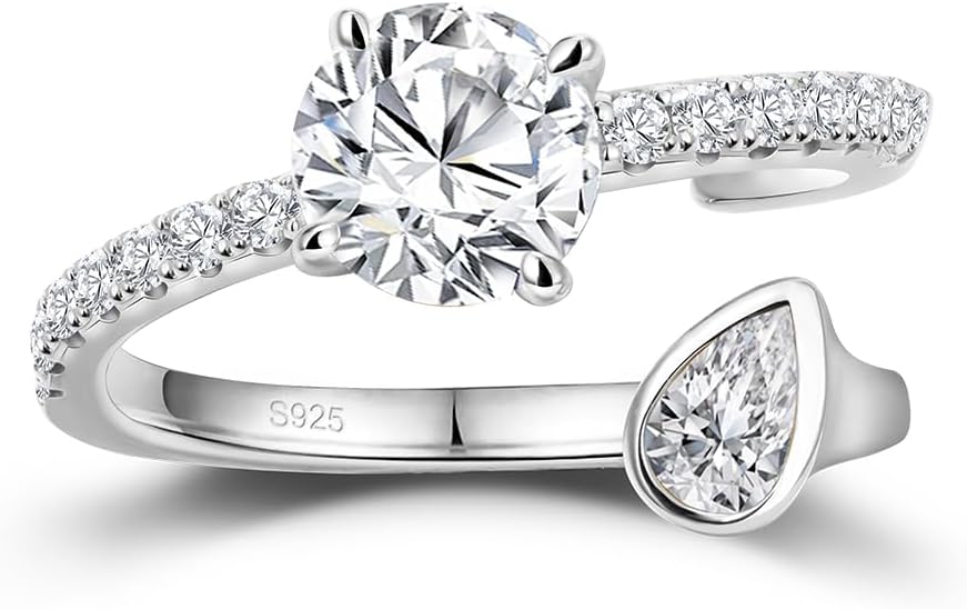 FWM Round Cut Moissanite Simple Open Rings for Women, Adjustable Ring, Solid Sterling Silver With Gold Plated, Stackable Wedding Band, Anniversary Valentines Mothers Day Christmas Gift