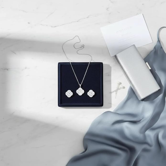 Four Leaf Clover Necklace and Earrings Set for Women, Clover Jewelry Set with Pendant Necklace and Stud Earrings, Brilliant Cubic Zirconia, Polished Metal Setting, Hypoallergenic, & Lightweight