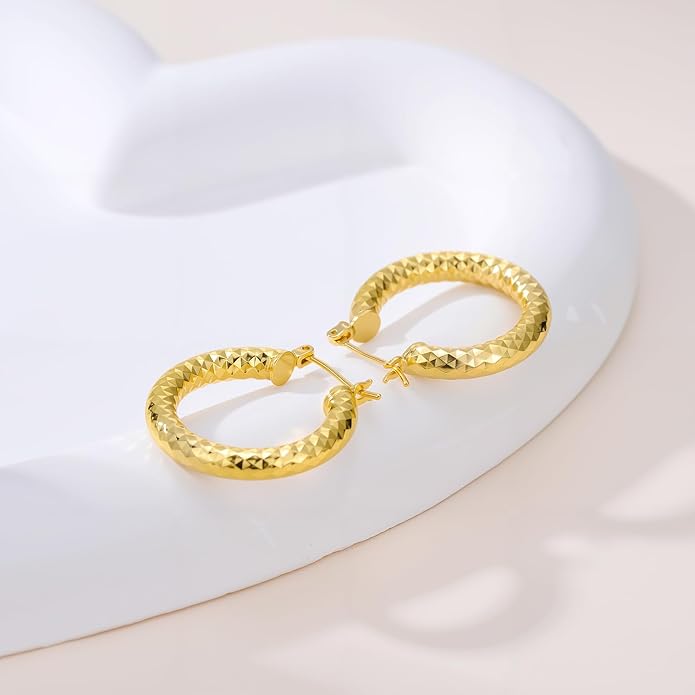 Gold Plated Hoop Earrings for Women 14K Gold Plated Earrings for Women Hypoallergenic Lightweight Wrinkle Texture Earrings Womens 20mm/25mm/30mm