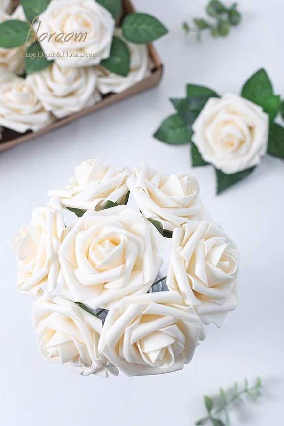 Artificial Flowers 50pcs Real Looking Cream Foam Fake Roses - Image 2