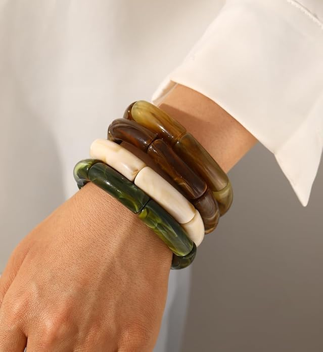 iF YOU 6pcs Chunky Acrylic Bangle Bracelets for Women, Resin Bamboo Brown Stretchy Bracelet Stack, Fashion Jewelry for Women
