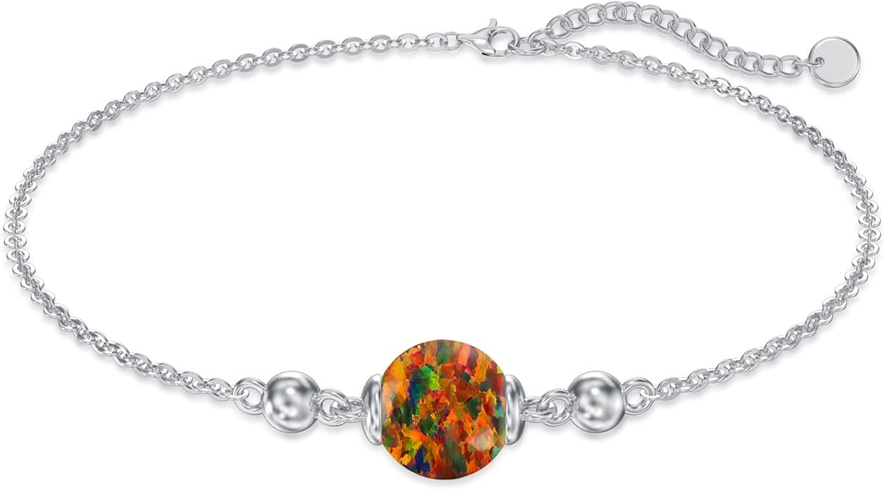 Opal Anklet/Bracelets for Women, S925 Sterling Silver Adjustable Foot Beaded Round Charm Ankle Bracelet Anklets Jewelry Anniversary Birthday Gifts for Women-1