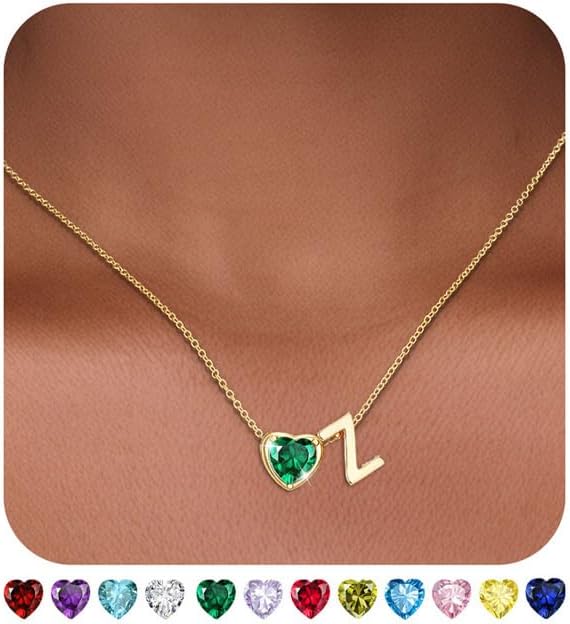Valentines Day Gifts for Her- Heart Birthstone Initial Necklace for Women Girls,14K Gold Plated Heart Letter A-Z Necklace Birthday Trendy Jewelry Gifts for Women Girls Daughter