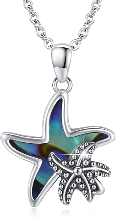 Cuoka Starfish Necklace 925 Sterling Silver Abalone Double Seashell Ocean Sea Beach Star Pendant Necklaces Ocean Jewelry for Women Bestfriend Summer Holiday Graduate Gift