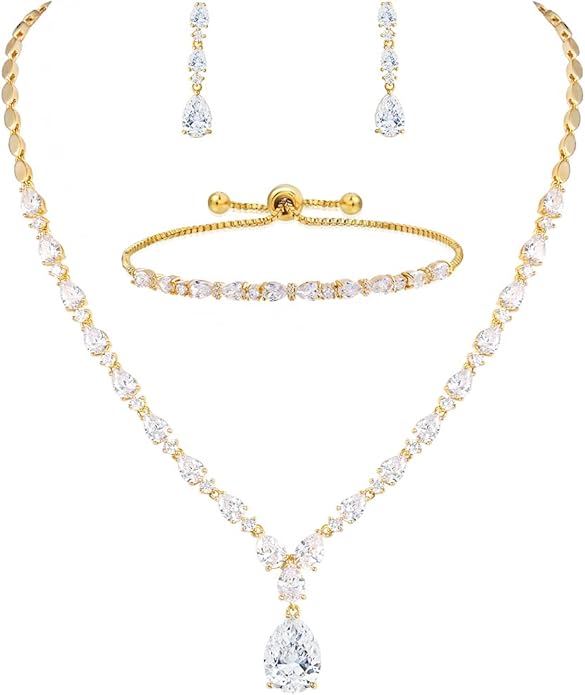 Bridal Wedding Jewelry CZ Set Marquise Teardrop Cubic Zirconia Pendant Necklace and Dangle Earring Bracelet Sets for Women