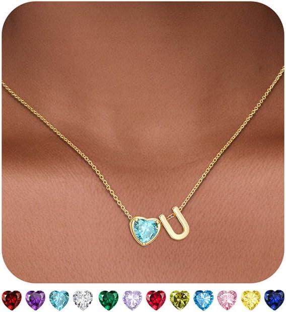 Valentines Day Gifts for Her- Heart Birthstone Initial Necklace for Women Girls,14K Gold Plated Heart Letter A-Z Necklace Birthday Trendy Jewelry Gifts for Women Girls Daughter