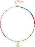 Beaded Initial Necklace for Women, Boho Natural Stone Semi-Precious Stone 18K Gold Plated Letter Pendant Rainbow Colorful Trendy Alphabet Dainty Choker Jewelry for Women Summer Beach Party