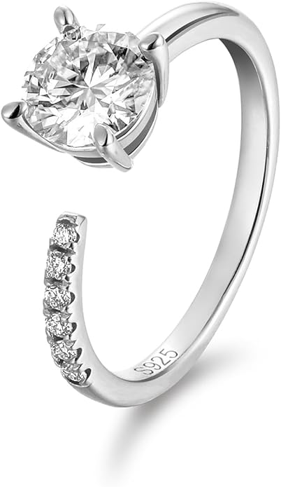 FWM Round Cut Moissanite Simple Open Rings for Women, Adjustable Ring, Solid Sterling Silver With Gold Plated, Stackable Wedding Band, Anniversary Valentines Mothers Day Christmas Gift