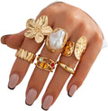 CJIAYUJEW Chunky Gold Flower Rings Pearl Stacking Statement Rings for Women Silver Chunky Knuckle Ring Set Adjustable Pearl Finger Ring Sets