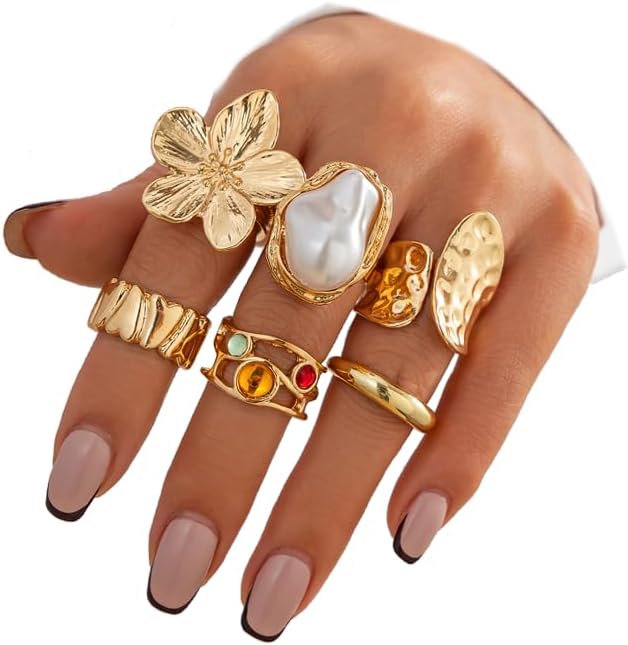 CJIAYUJEW Chunky Gold Flower Rings Pearl Stacking Statement Rings for Women Silver Chunky Knuckle Ring Set Adjustable Pearl Finger Ring Sets