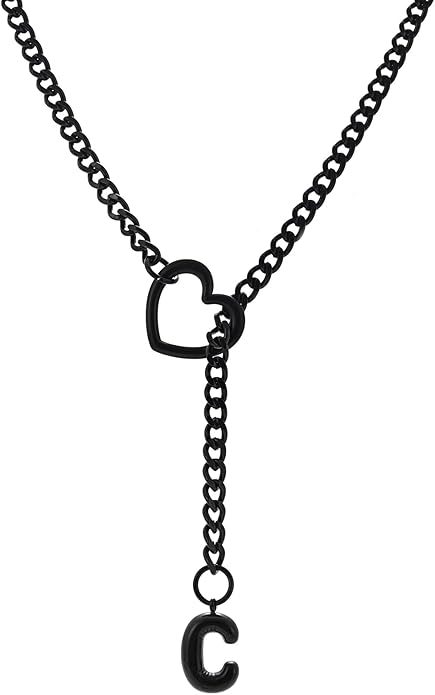 Black Heart Slip Chain Initial Necklaces for Women,Stainless Steel O-Ring Adjustable Lariat Heart Y-Necklace,Punk Gothic Cuban Collar Choker Necklace for women