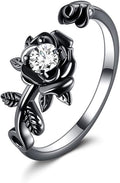 POPLYKE Rose Black Flower Ring For Women Sterling Silver Rings With CZ Jewelry For Women Promise Ring Adjustable Open Ring