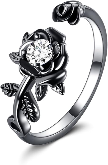 POPLYKE Rose Black Flower Ring For Women Sterling Silver Rings With CZ Jewelry For Women Promise Ring Adjustable Open Ring