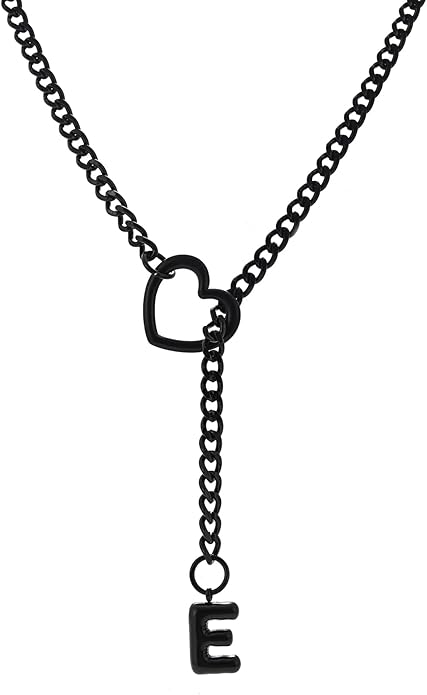 Black Heart Slip Chain Initial Necklaces for Women,Stainless Steel O-Ring Adjustable Lariat Heart Y-Necklace,Punk Gothic Cuban Collar Choker Necklace for women