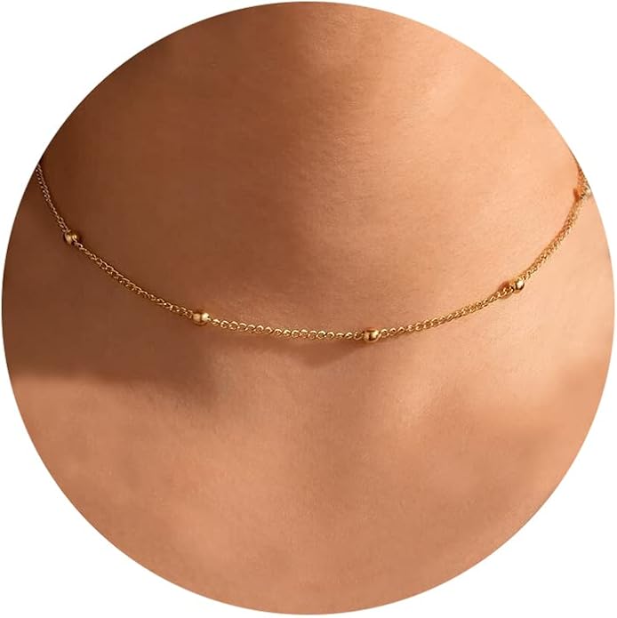 CHESKY 14k Gold Plated/Silver Plated Dainty Necklace for Women, Trendy Satellite Choker Necklace Thin Beaded Layered Choker Necklaces Discs Paperclip Chain Necklaces Womens Simple Jewelry